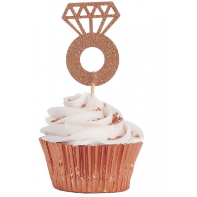 Hens Night Cupcake Toppers 24pk - Diamond Ring Rose Gold 